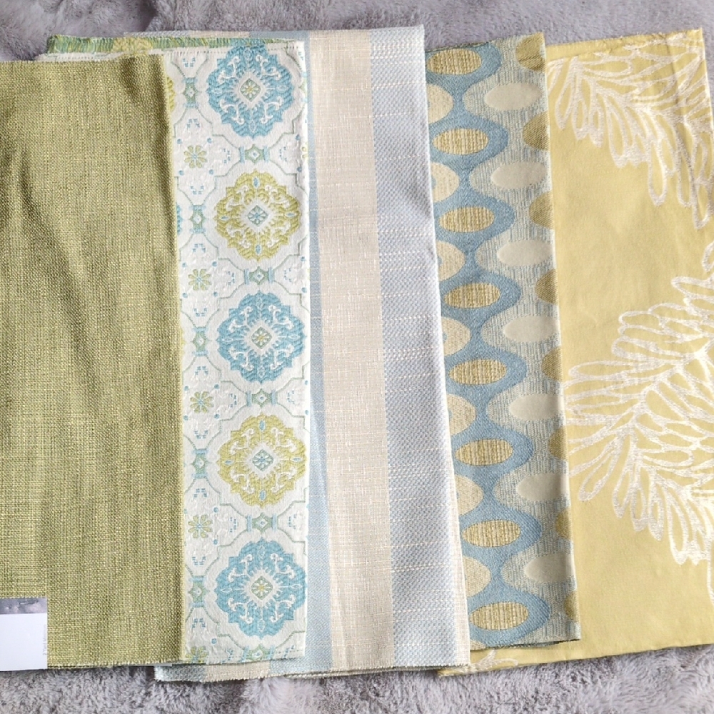 Greens, Aquas, Greys and Golds Fabric pieces - Set of 5 pieces